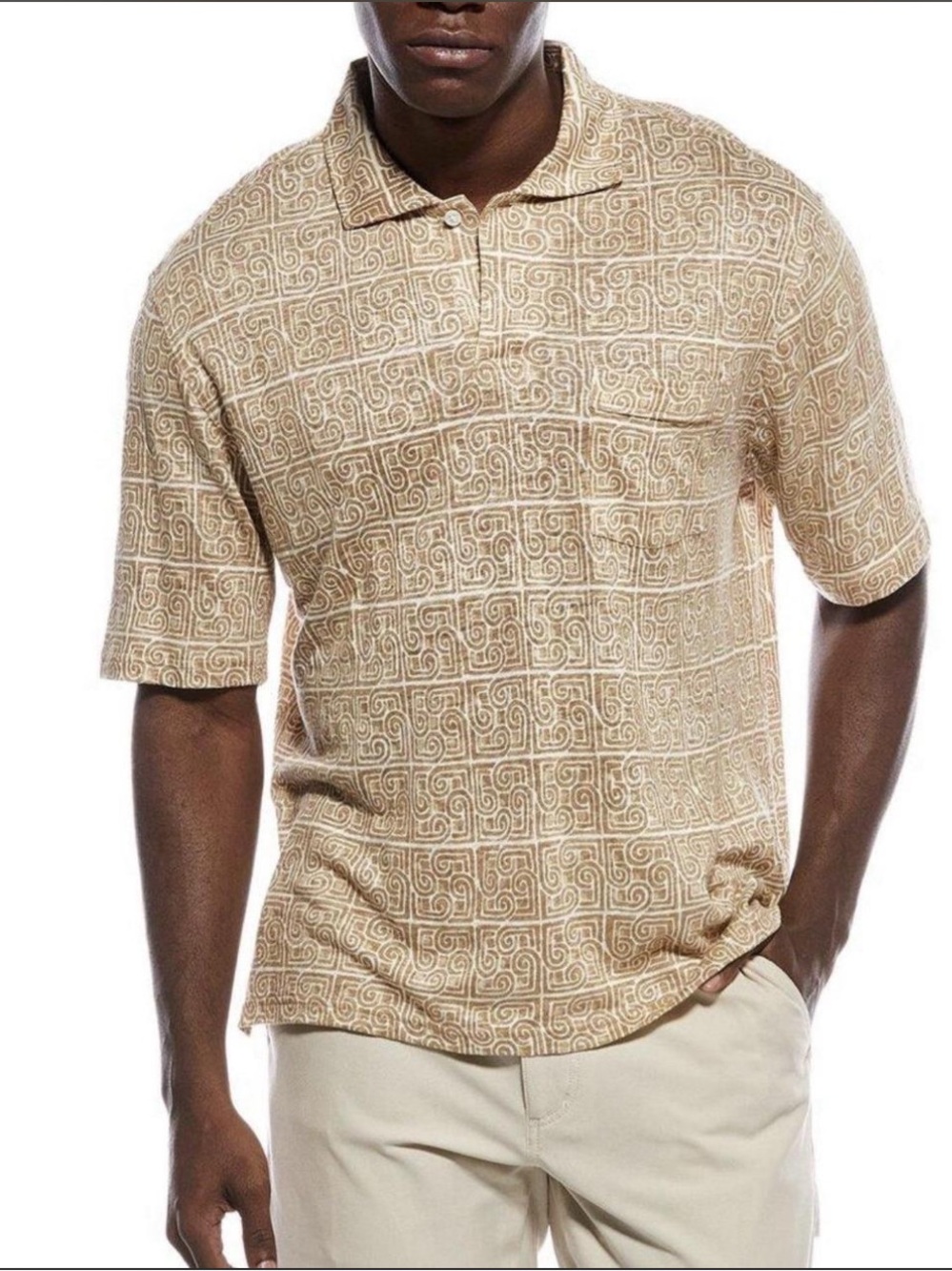 J. McLaughlin Mens Large 100% Linen Geometric Print Polo Shirt Tan
